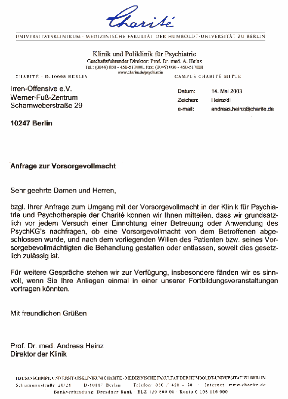 Brief von Prof. Dr. Heinz - Chairté